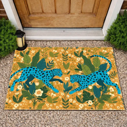 Golden Orange Blue Leopard Foliage - Home Decor Gift for Wildlife Lover Doormat