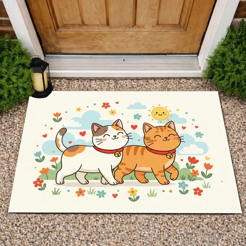 Calico Tabby Cats with Flowers Sun Hearts - Everyday Home Decor Cat Lover Gift Doormat