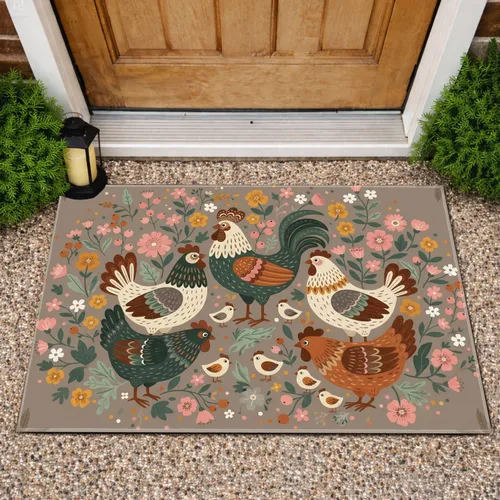 Chicken Family Garden Flowers - Farmhouse Decor Gift for Chicken Lover Doormat