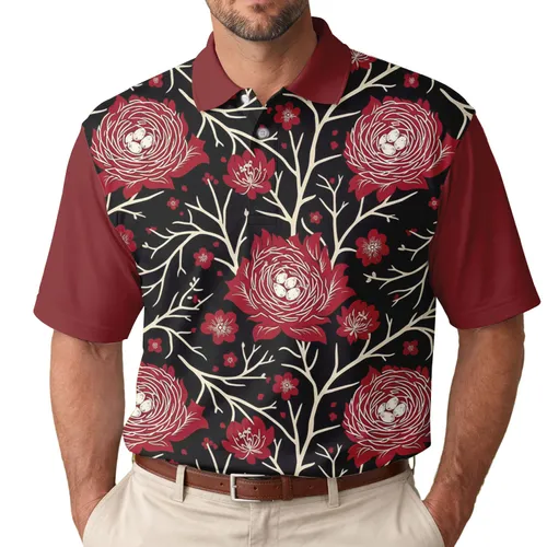Deep Red Flowers White Bird Nests Delicate Eggs Bare Tree Branches - Nature Wildlife Lover Gift Men's Polo Shirt