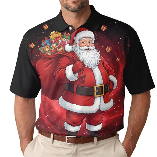 Traditional Santa Claus Gifts Golden Stars Nebula - Christmas Gift for Family Men's Polo Shirt