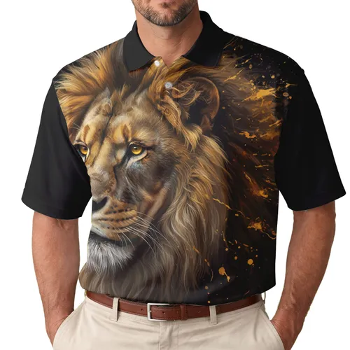 Black Background Lion Head Golden Fiery Mane White Mustache Beard - Meaningful Wildlife Lover Gift Men's Polo Shirt
