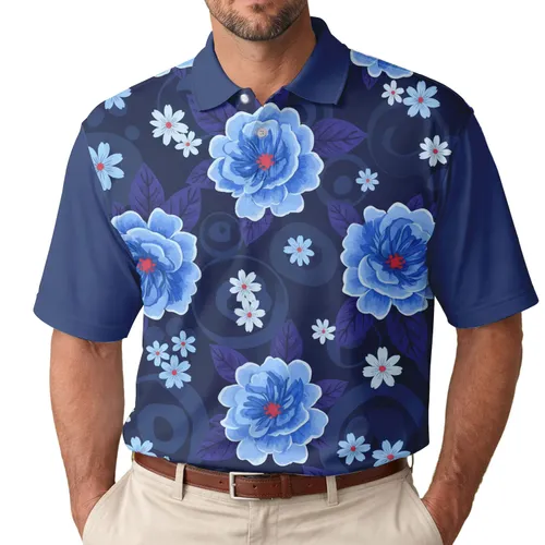 Blue Flowers Star Bloom White Flora Indigo Foliage - Everyday Garden Lover Gift Men's Polo Shirt