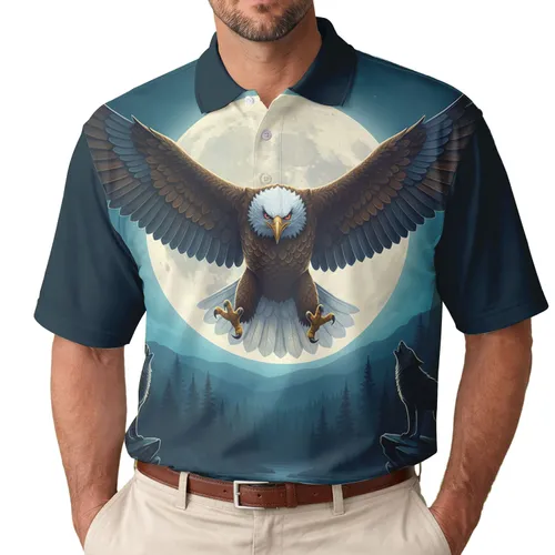Bald Eagle Full Moon Howling Wolves Pine Forest - Wildlife Lover Gift Men's Polo Shirt