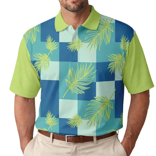Tropical Feather Leaves All-Over Geometric Checkerboard - Travel & Everyday Essentials Men's Polo Shirt