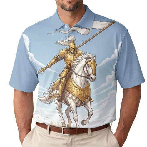 Golden Armored Knight Galloping Horse - Heroic Fantasy Collector Gift Men's Polo Shirt
