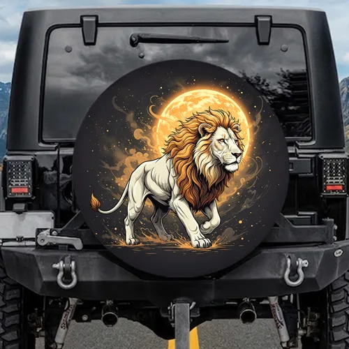 White Lion Golden Mane Sun Celestial Dust Charcoal Background - Wildlife Lover Gift Spare Tire Cover