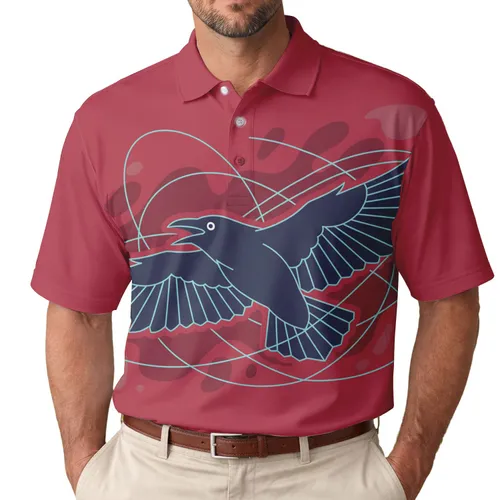 Dark Blue Raven Flight Wide Wings Light Blue Accents Deep Red - Wildlife Lover Gift Men's Polo Shirt