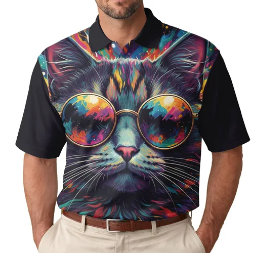 Cat Face Mirrored Sunglasses Gold Frames - Pop Art Lover Gift Men's Polo Shirt