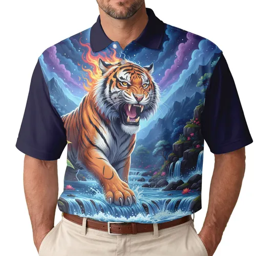 Fiery Roaring Tiger Tropical Jungle Celestial Night - Fantasy Enthusiast Gift Men's Polo Shirt