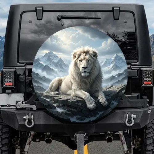 Majestic Alpha White Lion Snow Peak Mountains - Wildlife Lover Gift for Lion Lover Spare Tire Cover