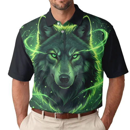 Deep Forest Green Wolf Head Emerald Gaze - Wildlife Lover Gift for Him Men's Polo Shirt