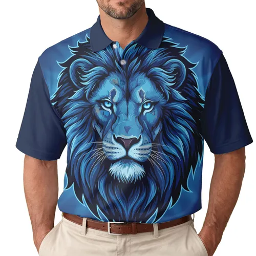 Stylized Lion Head Majestic Mane Glowing Blue Eyes - Wildlife Lover Gift for Animal Lovers Men's Polo Shirt