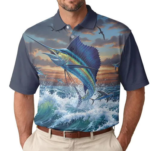 Blue Marlin Leaping Ocean Waves Flying Fish - Wildlife Lover Gift Men's Polo Shirt