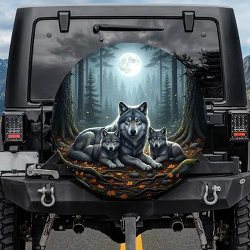 Grey Wolf Pups Forest Floor Pine Trees Full Moon Autumn Leaves Night Scene - Wildlife Lover Gift Spare Tire Cover