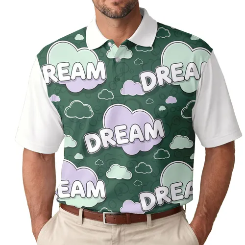 Rounded Puffy Dream Word Plump Outline Clouds - Relaxed Lifestyle Gift Men's Polo Shirt
