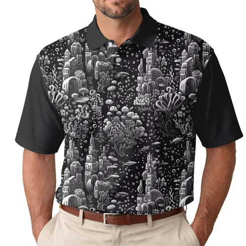 Fantastical Undersea Cityscape Coral Fish Marine Plants Mushrooms - Adventure Lover Gift Men's Polo Shirt