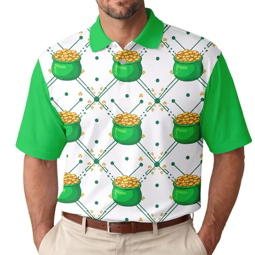 White Field Vivid Green Pots Gold Coins Dark Green Lines Dots - Prosperity Lifestyle Gift Men's Polo Shirt