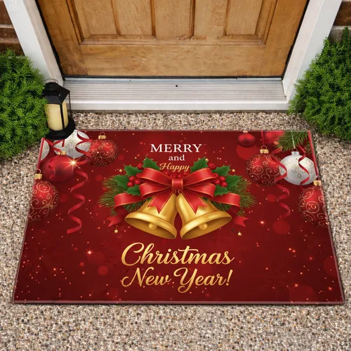 Golden Christmas Bells Red Bow Holly Festive Baubles - Christmas Holiday Decor Doormat