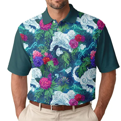 Mythical Cloud Tigers Green Foliage Glowing Florals Lightning - Fantasy Lover Gift for Tiger Lover Men's Polo Shirt