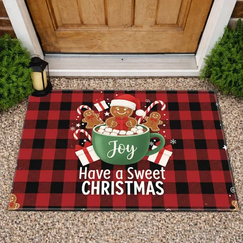 Gingerbread Man Mug Joy Text Candy Cane - Festive Buffalo Plaid Christmas Decor Gift Doormat