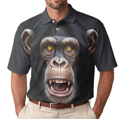 Chimpanzee Head Yellow Eyes Open Mouth Wrinkles Blue Nose Accents - Wildlife Lover Gift Men's Polo Shirt