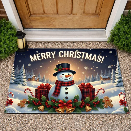 Cheerful Snowman Christmas Gifts Village - Holiday Home Decor Gift Doormat