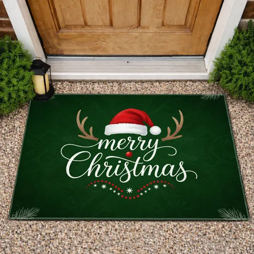 Merry Christmas Calligraphy Santa Hat Reindeer Antlers - Christmas Holiday Decor Gift Doormat