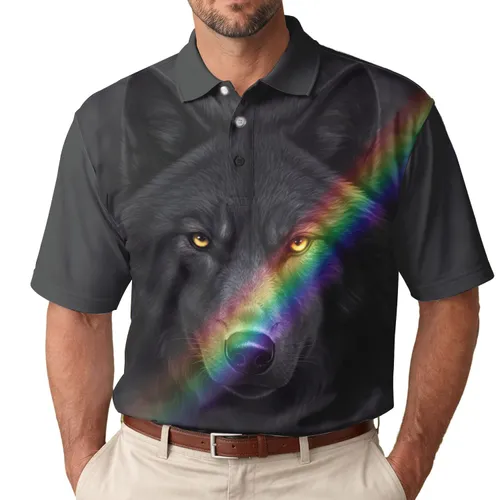 Black Wolf Golden Eyes Rainbow Light Flare - Wildlife Lover Gift for Wolf Lovers Men's Polo Shirt