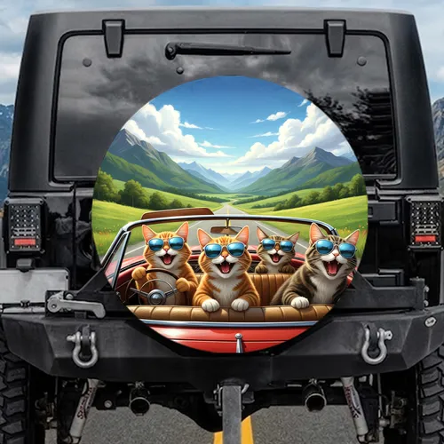 Cats in Vintage Convertible on Sunny Road - Travel Essentials for Cat Lover Spare Tire Cover