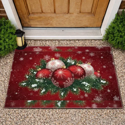 Red Baubles White Star Snowflake Christmas Pine Branches Snow - Festive Holiday Decor Doormat