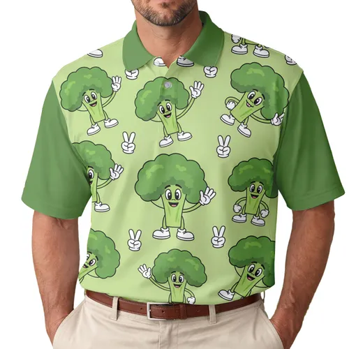 Cheerful Broccoli Characters Waving Peace Sign - Everyday Wear Gift Men's Polo Shirt