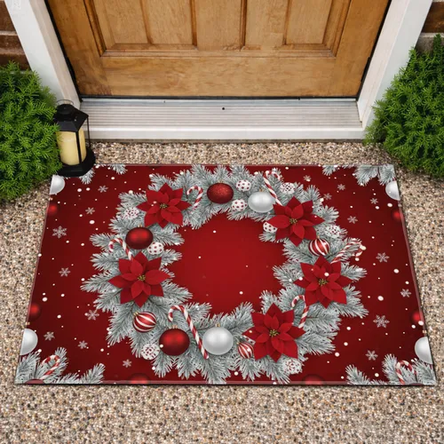 Christmas Wreath Poinsettia Candy Cane - Christmas Decor Doormat
