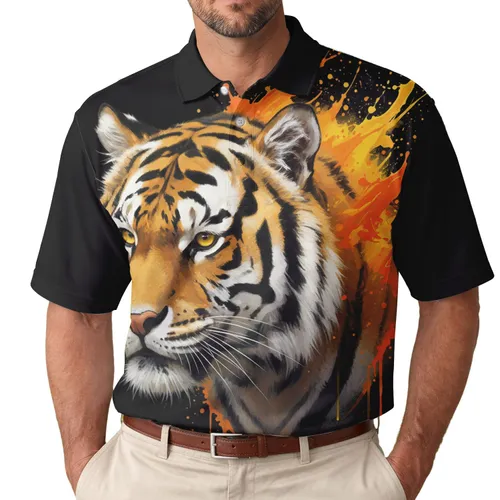 Tiger Head Yellow Eyes Black Stripes Orange Yellow Splashes - Wildlife Lover Gift Men's Polo Shirt