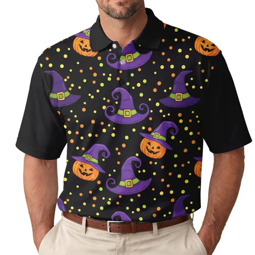 Pointed Crown Purple Witch Hats Grinning Jack-o'-Lanterns Halloween Party Men's Polo Shirt