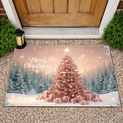 Rose Gold Christmas Tree Merry Christmas Snowflake Winter Scene Presents - Holiday Home Decor Doormat