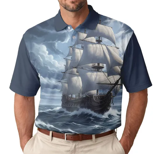 Tall Ship Galleon White Sails Rough Waves Stormy Sky - Ocean Lover Gift Men's Polo Shirt