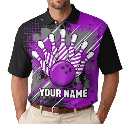 Bowling Pins Ball YOUR NAME Grunge Splatters Stars - Game Day Gift for Bowlers Men's Polo Shirt