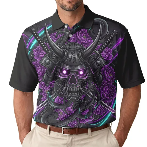 Oni Horned Skull Katana Japanese Peonies - Graphic Novel Fan Gift Men's Polo Shirt