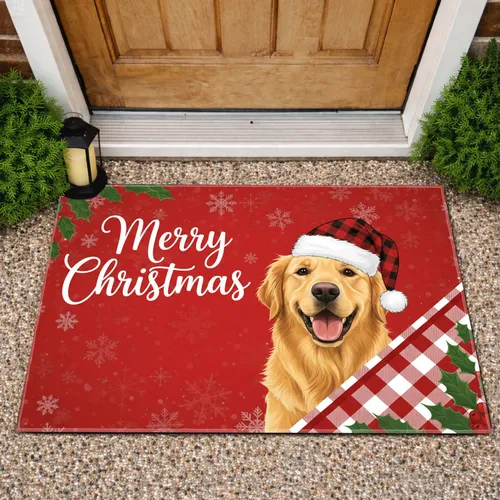 Golden Retriever Santa Hat Merry Christmas - Holiday Home Decor for Dog Lover Doormat