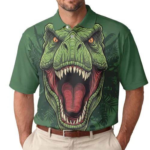 Roaring T-Rex Head Green Scales Sharp Teeth Prehistoric Jungle - Dinosaur Lover Gift Men's Polo Shirt