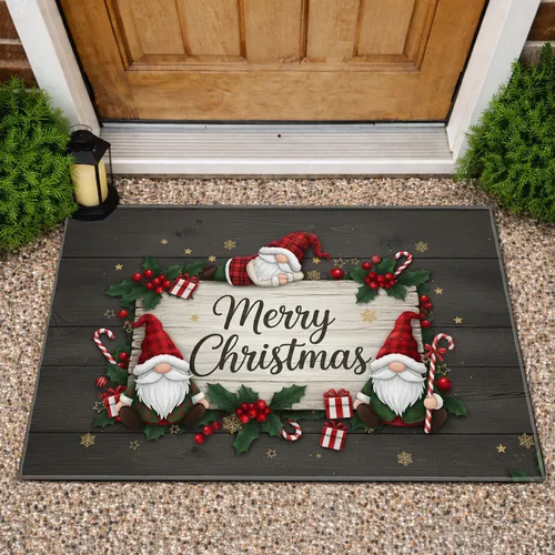 Gnome Merry Christmas Sign Holly Candy Cane - Christmas Home Decor Doormat