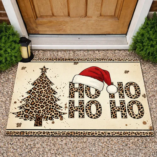 Leopard Print Christmas Tree HO HO HO Santa Hat - Farmhouse Christmas Decor Doormat