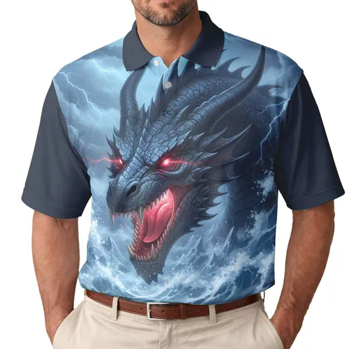 Dragon Head Red Eyes Open Maw Deep Stormy Icy Water Clouds - Fantasy Lover Gift Men's Polo Shirt
