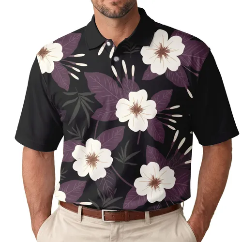 White Tropical Flowers Brown Centers Plum Leaves Cream Buds - Nature Lover Gift Men's Polo Shirt