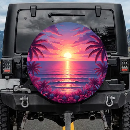 Tropical Ocean Sunset Palm Tree Foliage - Car Accessory Decor Gift Spare Tire Cover
