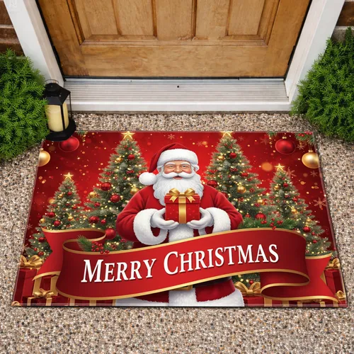 Smiling Santa Claus Merry Christmas Banner Gift Box - Festive Holiday Decor Doormat