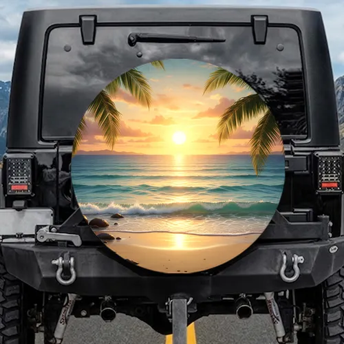 Tropical Ocean Beach Golden Sunset Palm Fronds - Vacation Travel Essential Gift Spare Tire Cover