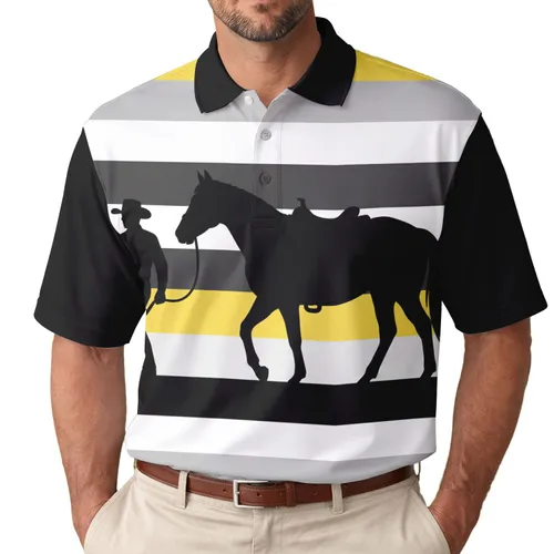 Cowboy Hat Rider Leading Horse Horizontal Stripes - Western Lifestyle Gift for Rancher Men's Polo Shirt