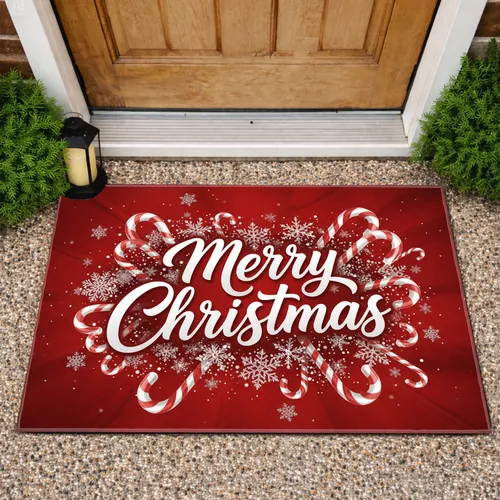 Merry Christmas Candy Cane Snowflakes - Christmas Holiday Decor Doormat